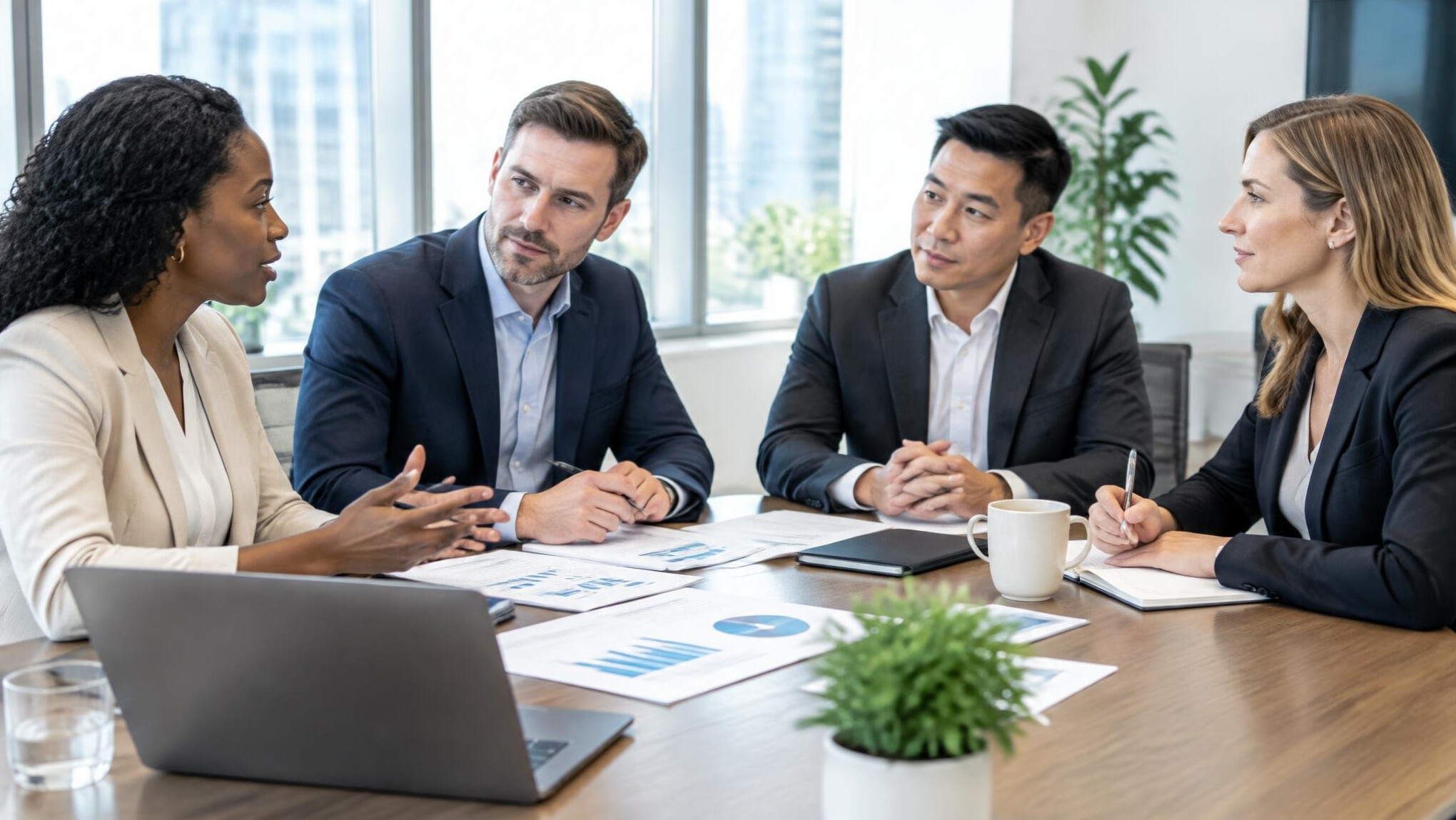 Diverse group of executives discussing around a meeting table with documents