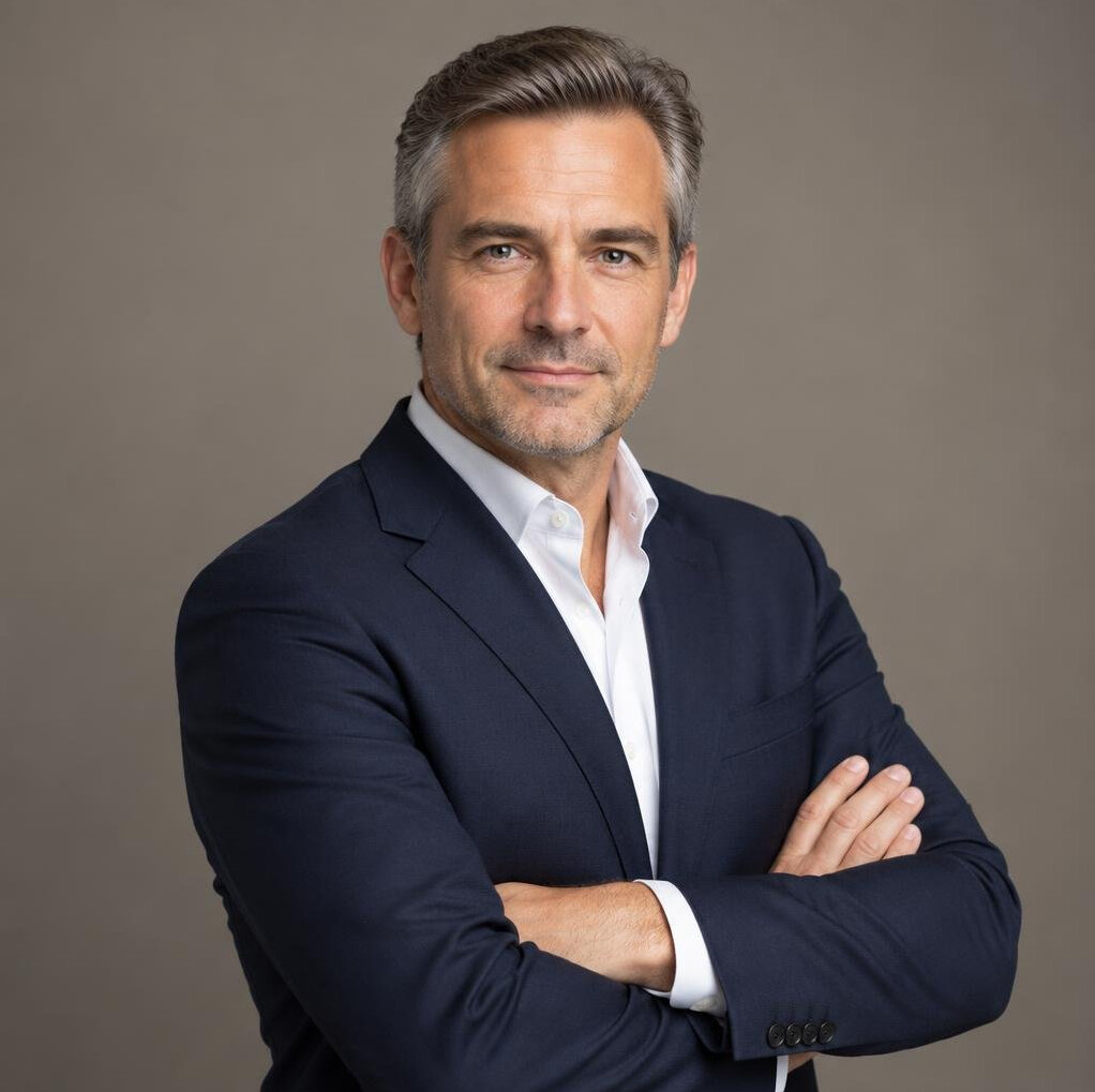 Studio portrait of a European businessman in a dark suit looking confidently at the camera